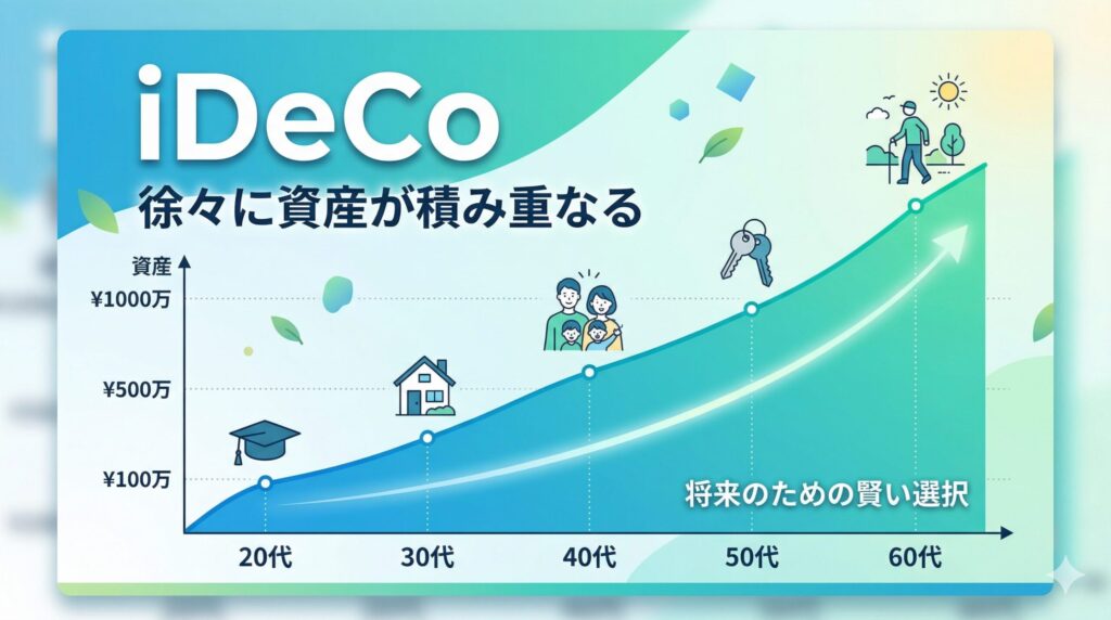 iDeCo（個人型確定拠出年金）で20代から60代にかけて資産が積み重なるグラフ｜将来のための賢い選択