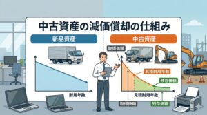 新品資産と中古資産(中古車、中古備品)の減価償却（法定耐用年数・見積耐用年数）の違いを説明している。